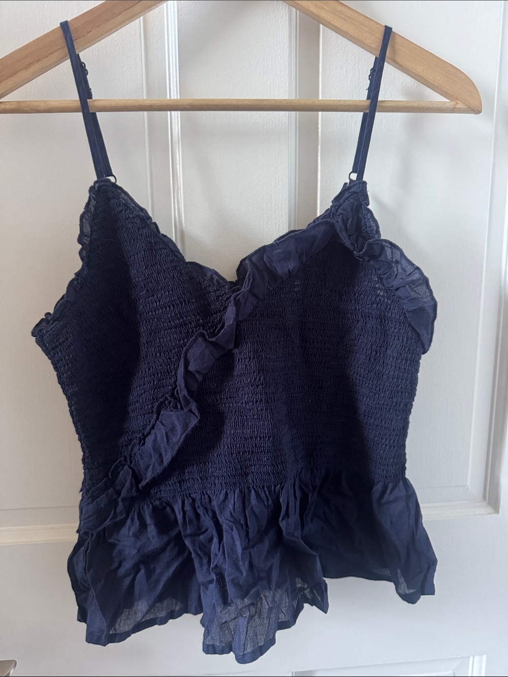 Patrons of Peace Navy Smocked Ruffle top